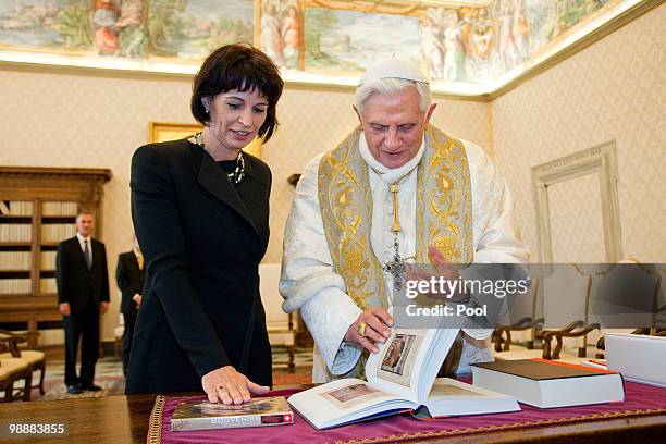 Pope Benedict XVI meets with President of the Helvetic Confederation Doris Leutthard at his library on May 6, 2010 in Vatican City, Vatican.
