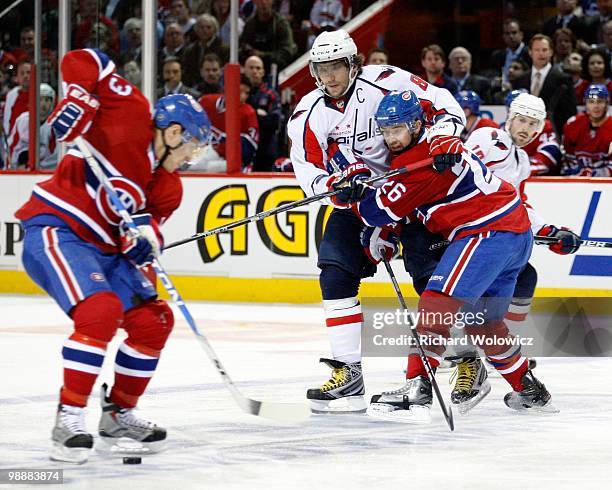 Josh Gorges of the Montreal Canadiens defends against Alex Ovechkin of the Washington Capitals in Game Six of the Eastern Conference Quarterfinals...