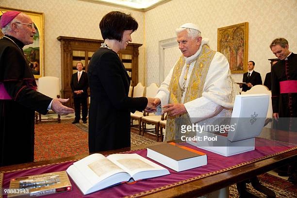 Pope Benedict XVI meets with President of the Helvetic Confederation Doris Leutthard at his library on May 6, 2010 in Vatican City, Vatican.