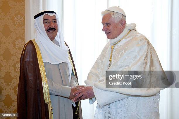 Pope Benedict XVI meets Kuwait President Sheikh Sabah al-Sabah at his library on May 6, 2010 in Vatican City, Vatican.