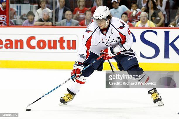 Alex Ovechkin of the Washington Capitals stick handles the puck in Game Six of the Eastern Conference Quarterfinals against the Montreal Canadiens...