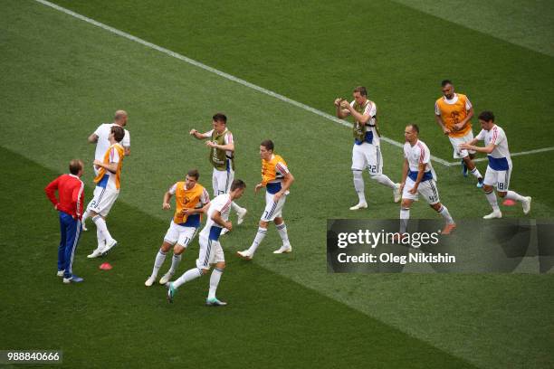 Players of Russia warm up prior to the 2018 FIFA World Cup Russia Round of 16 match between Spain and Russia at Luzhniki Stadium on July 1, 2018 in...