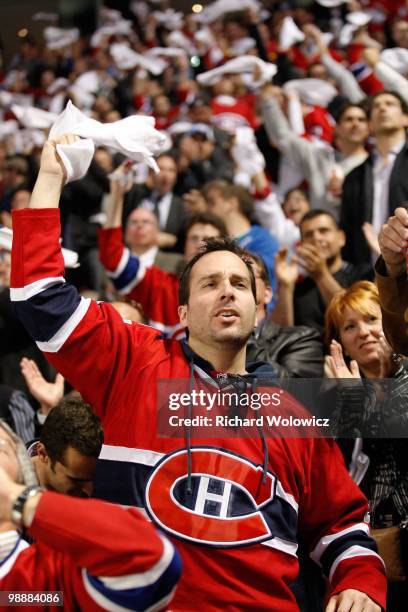Fan cheers for the Montreal Canadiens in Game Six of the Eastern Conference Quarterfinals against the Washington Capitals during the 2010 NHL Stanley...