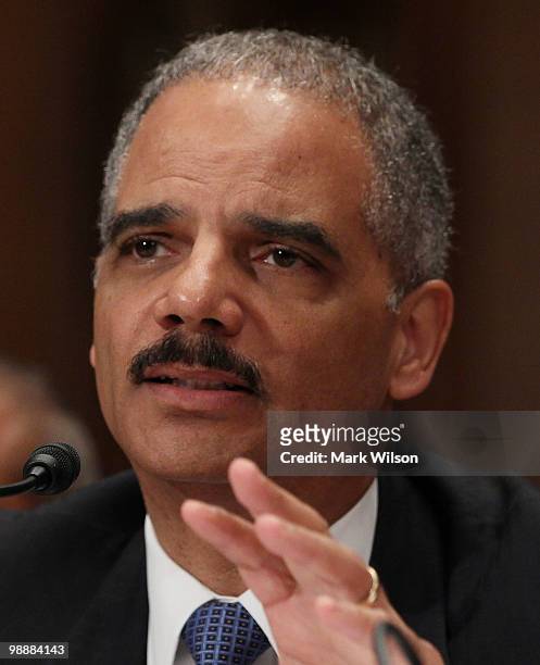 Attorney General Eric Holder participates in a Senate Appropriations Committee hearing on Capitol Hill on May 6, 2010 in Washington, DC. The...