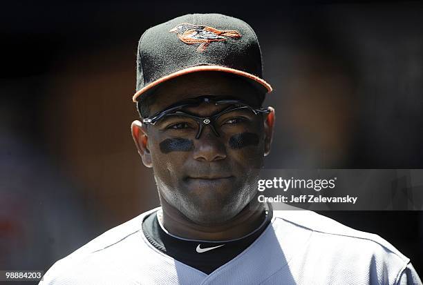 Miguel Tejada of the Baltimore Orioles looks on against the New York Yankees at Yankee Stadium on May 5, 2010 in the Bronx borough of New York City