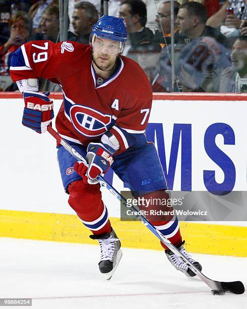Andrei Markov of the Montreal Canadiens skates with the puck in Game Six of the Eastern Conference Quarterfinals against the Washington Capitals...