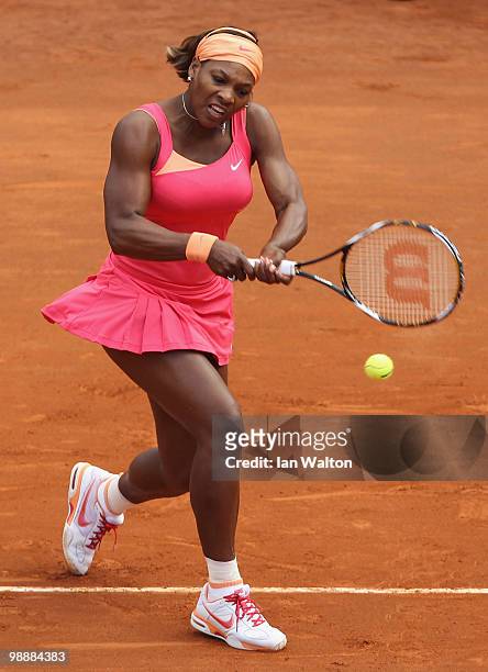 Serena Williams of USA in action against Maria Kirilenko of Russia during Day Foir of the Sony Ericsson WTA Tour at the Foro Italico Tennis Centre on...