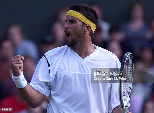 Patrick Rafter of Australia celebrates his victory over Hicham Arazi of Morroco during the men's third round of The All England Lawn Tennis...