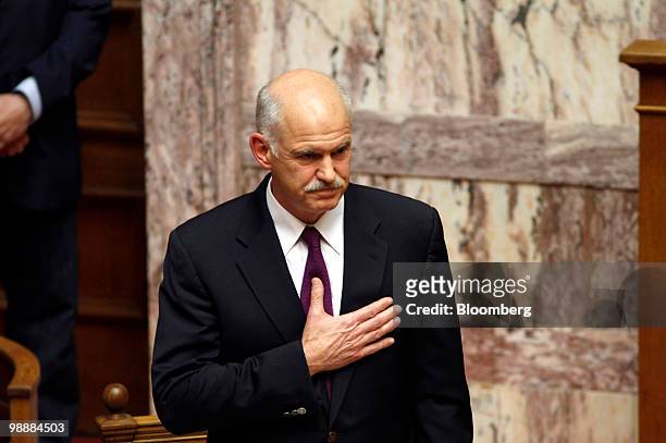 George Papandreou, Greece's prime minister, speaks to members of the Greek parliament in Athens, Greece, on Thursday, May 6, 2010. Greece's...