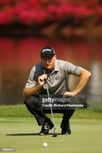 Jim Furyk lines up a putt on the 16th green during the first round of THE PLAYERS Championship held at THE PLAYERS Stadium course at TPC Sawgrass on...