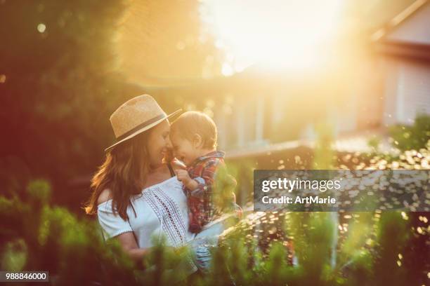 family in the garden in sunset - rural scene stock pictures, royalty-free photos & images