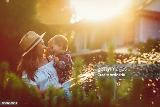 family in the garden in sunset - artmarie stock pictures, royalty-free photos & images