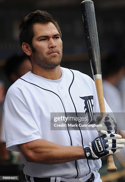 Johnny Damon of the Detroit Tigers looks on from the dugout against the Los Angeles Angels of Anaheim during the game at Comerica Park on May 2, 2010...