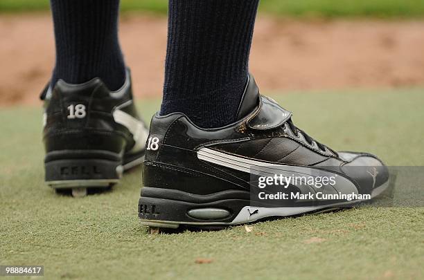 Detail view of Johnny Damon of the Detroit Tigers baseball spikes during the game against the Los Angeles Angels of Anaheim at Comerica Park on May...