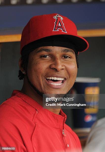 Ervin Santana of the Los Angeles Angels of Anaheim looks on from the dugout against the Detroit Tigers during the game at Comerica Park on May 2,...