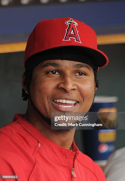 Ervin Santana of the Los Angeles Angels of Anaheim looks on from the dugout against the Detroit Tigers during the game at Comerica Park on May 2,...