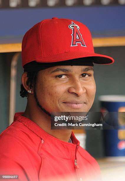 Ervin Santana of the Los Angeles Angels of Anaheim looks on from the dugout against the Detroit Tigers during the game at Comerica Park on May 2,...