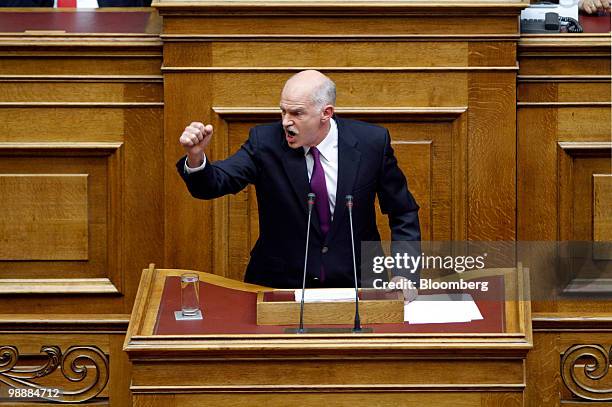 George Papandreou, Greece's prime minister, speaks to members of the Greek parliament in Athens, Greece, on Thursday, May 6, 2010. Greece's...