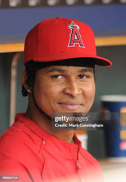 Ervin Santana of the Los Angeles Angels of Anaheim looks on from the dugout against the Detroit Tigers during the game at Comerica Park on May 2,...