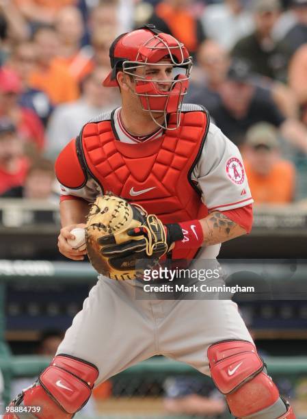 Mike Napoli of the Los Angeles Angels of Anaheim looks on against the Detroit Tigers during the game at Comerica Park on May 2, 2010 in Detroit,...