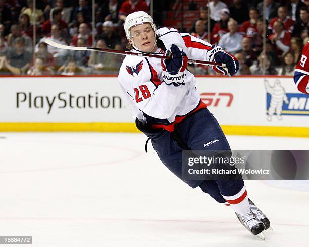 Alexander Semin of the Washington Capitals skates in Game Six of the Eastern Conference Quarterfinals against the Montreal Canadiens during the 2010...