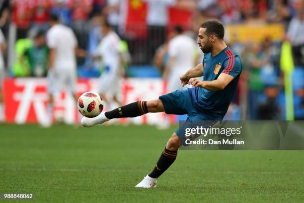 Dani Carvajal of Spain warms up prior to the 2018 FIFA World Cup Russia Round of 16 match between Spain and Russia at Luzhniki Stadium on July 1,...