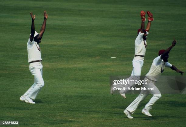 Jubilation as the wicket falls during a Prudential World Cup final between the West Indies and India at Lords, London, June 1983. Pictured are West...