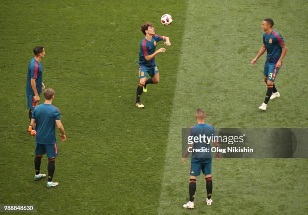 PLayers of Spain warm up prior to the 2018 FIFA World Cup Russia Round of 16 match between Spain and Russia at Luzhniki Stadium on July 1, 2018 in...