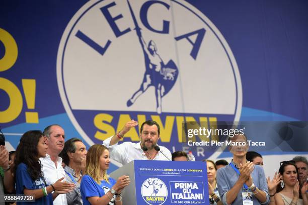 Matteo Salvini, Minister of Interior during his speech at the Lega Nord Meeting on July 1, 2018 in Pontida, Bergamo, Italy.The annual meeting of the...