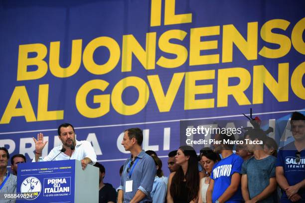 Matteo Salvini, Minister of Interior during his speech at the Lega Nord Meeting on July 1, 2018 in Pontida, Bergamo, Italy.The annual meeting of the...