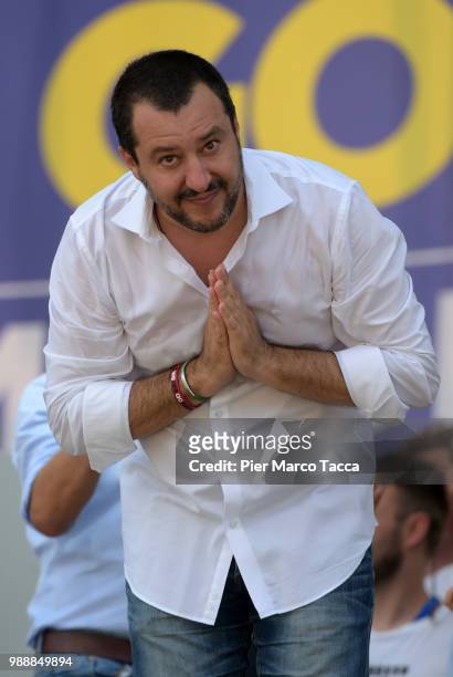 Matteo Salvini, Minister of Interior during his speech at the Lega Nord Meeting on July 1, 2018 in Pontida, Bergamo, Italy.The annual meeting of the...