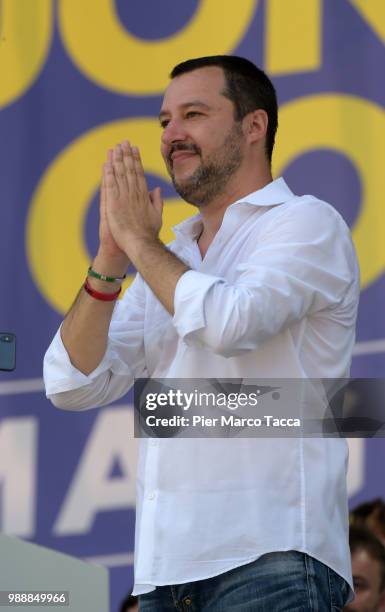 Matteo Salvini, Minister of Interior during his speech at the Lega Nord Meeting on July 1, 2018 in Pontida, Bergamo, Italy.The annual meeting of the...