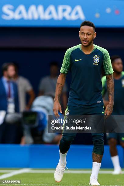 Neymar enters to the the field during a Brazil training session ahead of the Round 16 match against Mexico at Samara Arena on July 1, 2018 in Samara,...