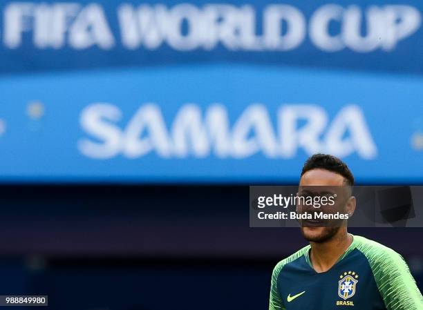 Neymar enters to the the field during a Brazil training session ahead of the Round 16 match against Mexico at Samara Arena on July 1, 2018 in Samara,...