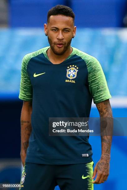 Neymar reacts during a Brazil training session ahead of the Round 16 match against Mexico at Samara Arena on July 1, 2018 in Samara, Russia.