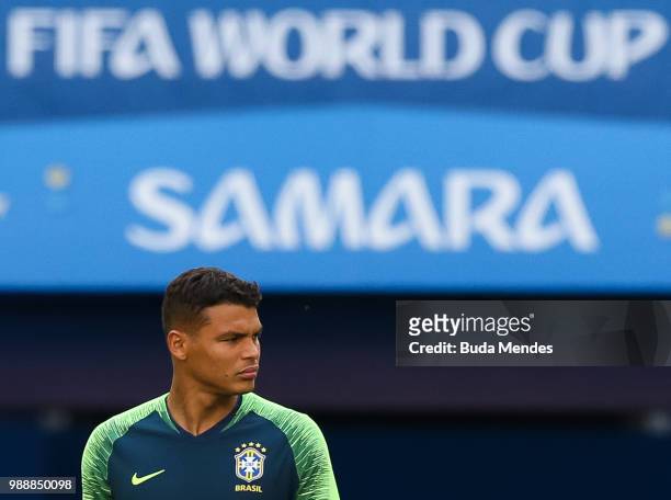 Thiago Silva enters to the filed during a Brazil training session ahead of the Round 16 match against Mexico at Samara Arena on July 1, 2018 in...