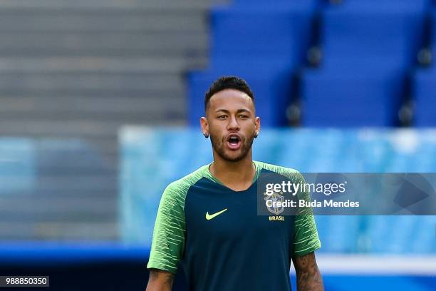 Neymar reacts during a Brazil training session ahead of the Round 16 match against Mexico at Samara Arena on July 1, 2018 in Samara, Russia.