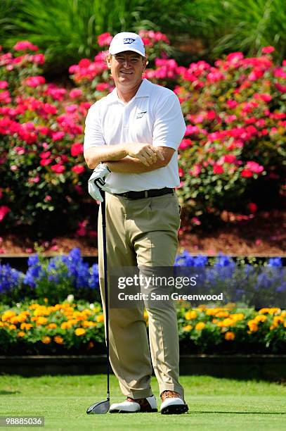 Ernie Els of South Africa looks on from the 18th tee during the first round of THE PLAYERS Championship held at THE PLAYERS Stadium course at TPC...