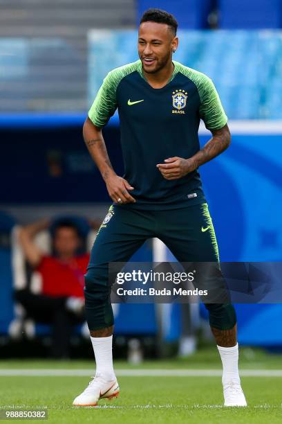 Neymar dances during a Brazil training session ahead of the Round 16 match against Mexico at Samara Arena on July 1, 2018 in Samara, Russia.