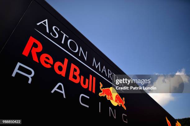 Red Bull Racing branding is seen on a truck in the Paddock during the Formula One Grand Prix of Austria at Red Bull Ring on July 1, 2018 in...