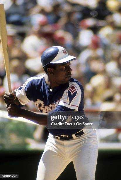 Outfielder Hank Aaron of the Atlanta Braves at the plate waiting on the pitch circa early 1970's during a Major League Baseball game. Aaron played...