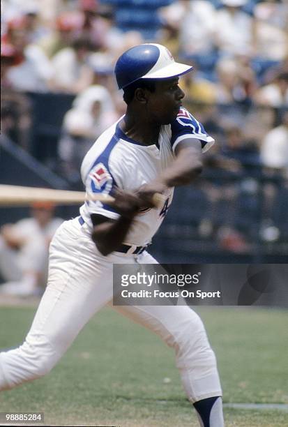 S: Outfielder Hank Aaron of the Atlanta Braves swings at a pitch circa early 1970's during a Major League Baseball game at Atlanta-Fulton County...