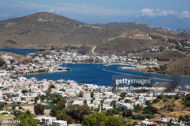 patmos, port of skala - skala stock pictures, royalty-free photos & images
