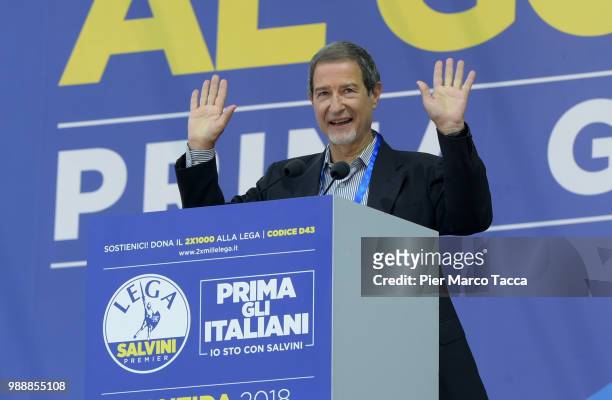 Nello Musumeci, Governor of the Sicily Region spaks at the Lega Nord Meeting on July 1, 2018 in Pontida, Bergamo, Italy.The annual meeting of the...