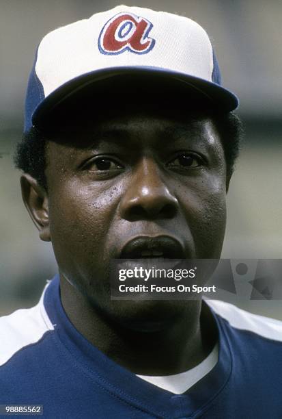 Outfielder Hank Aaron of the Atlanta Braves in this portrait circa 1974 during a Major League Baseball game. Aaron played for the Braves from...