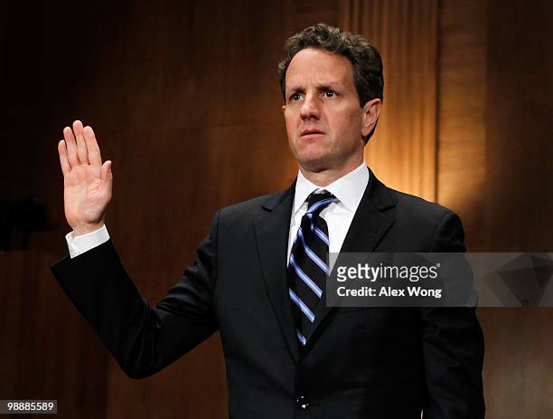 Treasury Secretary Timothy Geither is sworn in during a hearing before the Financial Crisis Inquiry Commission May 6, 2010 on Capitol Hill in...