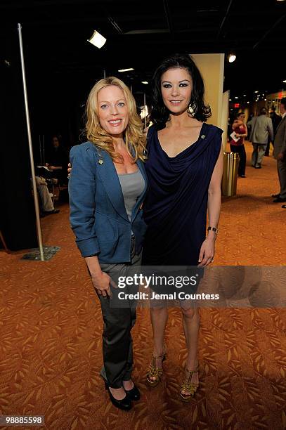 Actresses Shreie Rene Scott and Catherine Zeta-Jones attend the 2010 Tony Awards Meet the Nominees press reception at The Millennium Broadway Hotel...