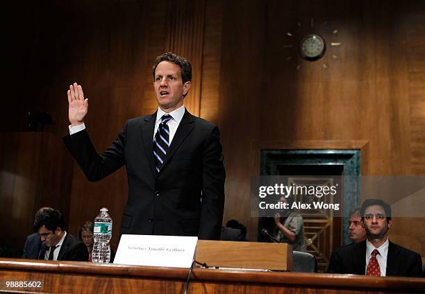 Treasury Secretary Timothy Geither is sworn in during a hearing before the Financial Crisis Inquiry Commission May 6, 2010 on Capitol Hill in...