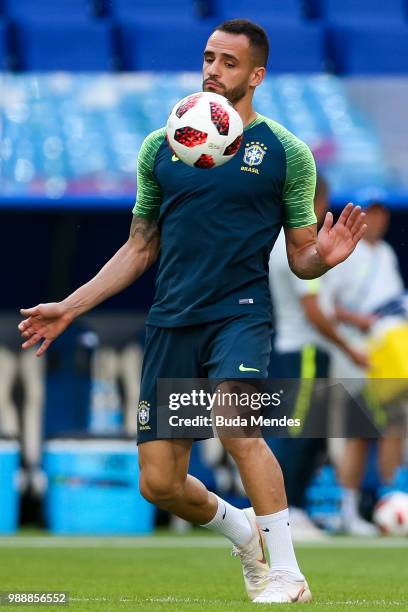 Renato Augusto in action during a Brazil training session ahead of the Round 16 match against Mexico at Samara Arena on July 1, 2018 in Samara,...