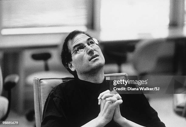 Steve Jobs, Apple CEO, in boardroom at Apple Headquarters a day before heading to Boston for the Macworld Expo. August 4, 1997 in Cupertino, CA.